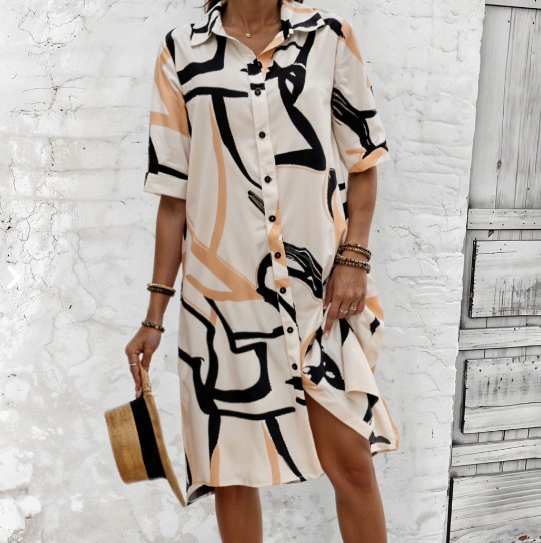 Bella Stride| Long Dress with printed lapels and buttons