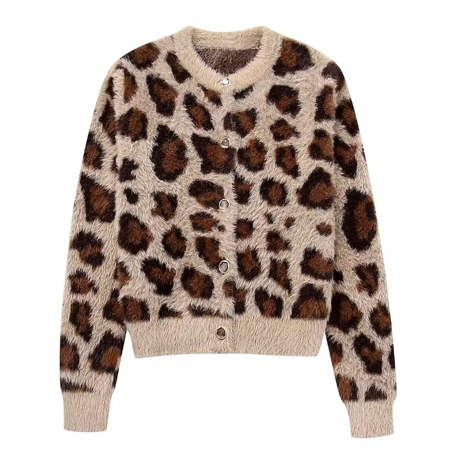 Leopard Print Furry Knit Cardigan