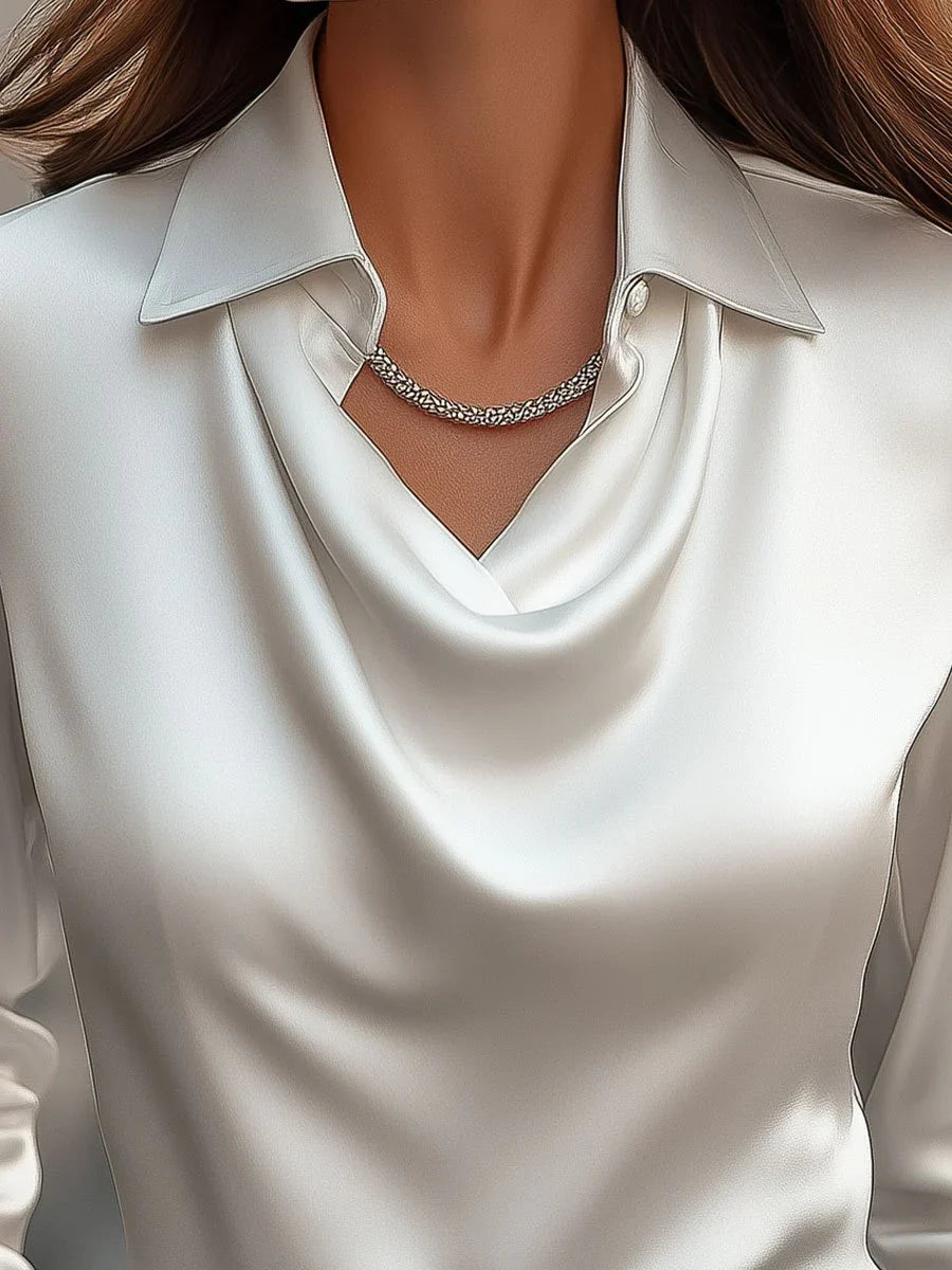 Vanex™ | Elegant White Satin Blouse With Draped Neckline