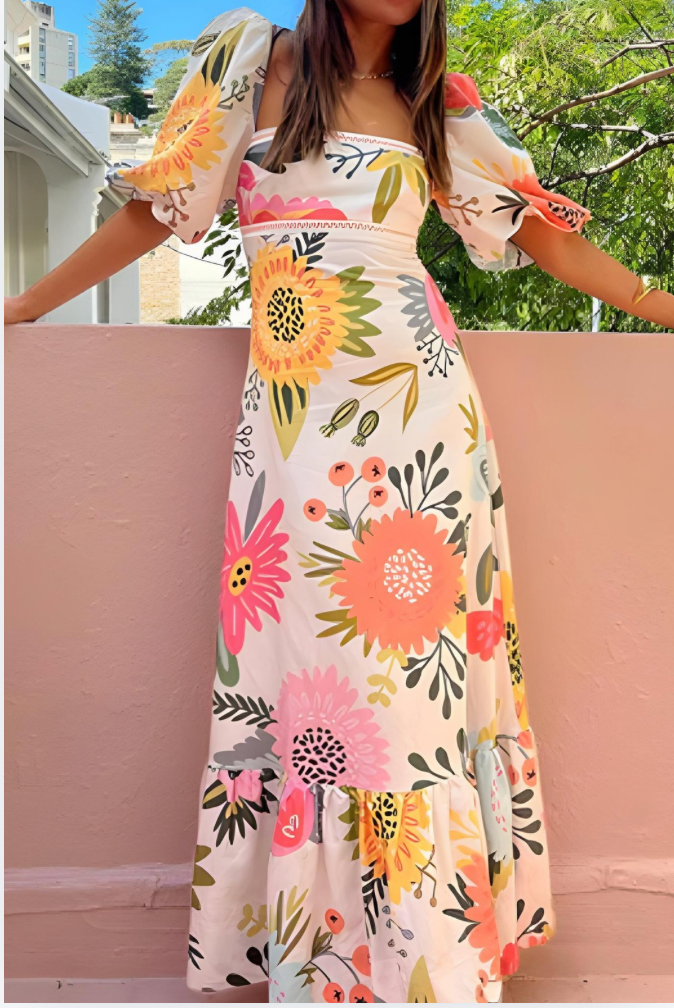 Bella Stride| MAXI dress with floral print, square neckline and puffed sleeves