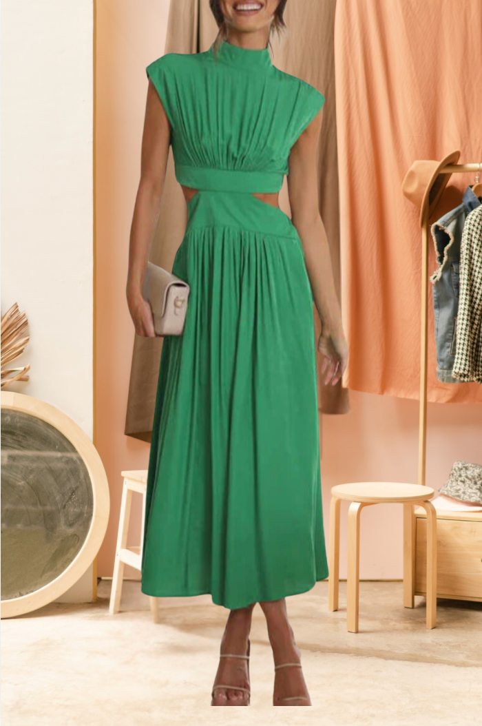Bella Stride|Timeless High-Neck Pleated Dress for Chic Appeal