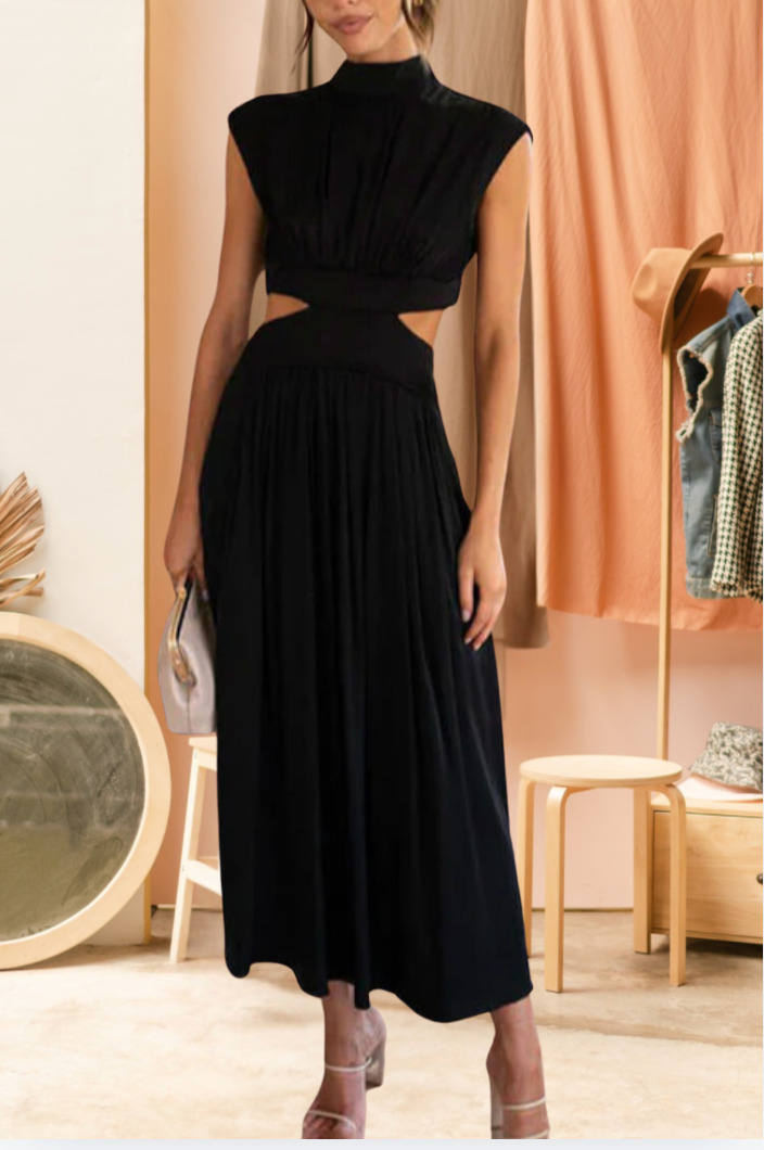 Bella Stride|Timeless High-Neck Pleated Dress for Chic Appeal