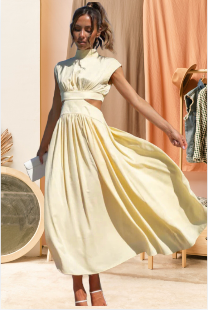 Bella Stride|Timeless High-Neck Pleated Dress for Chic Appeal