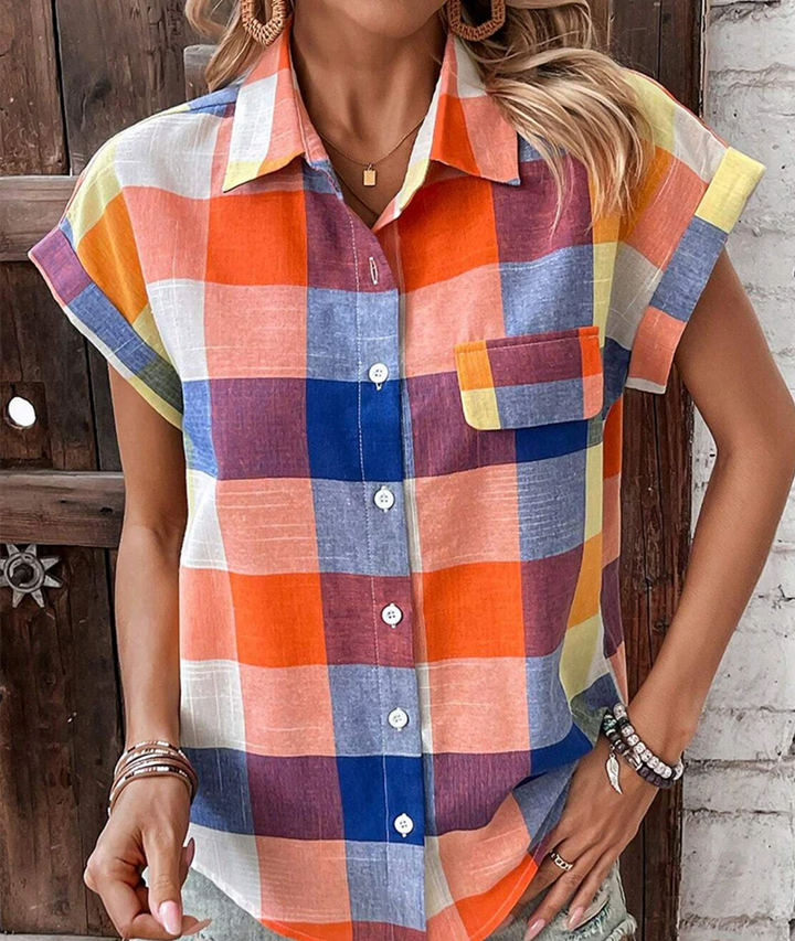 Bella Stride| Casual short-sleeved shirt with colorful check pattern