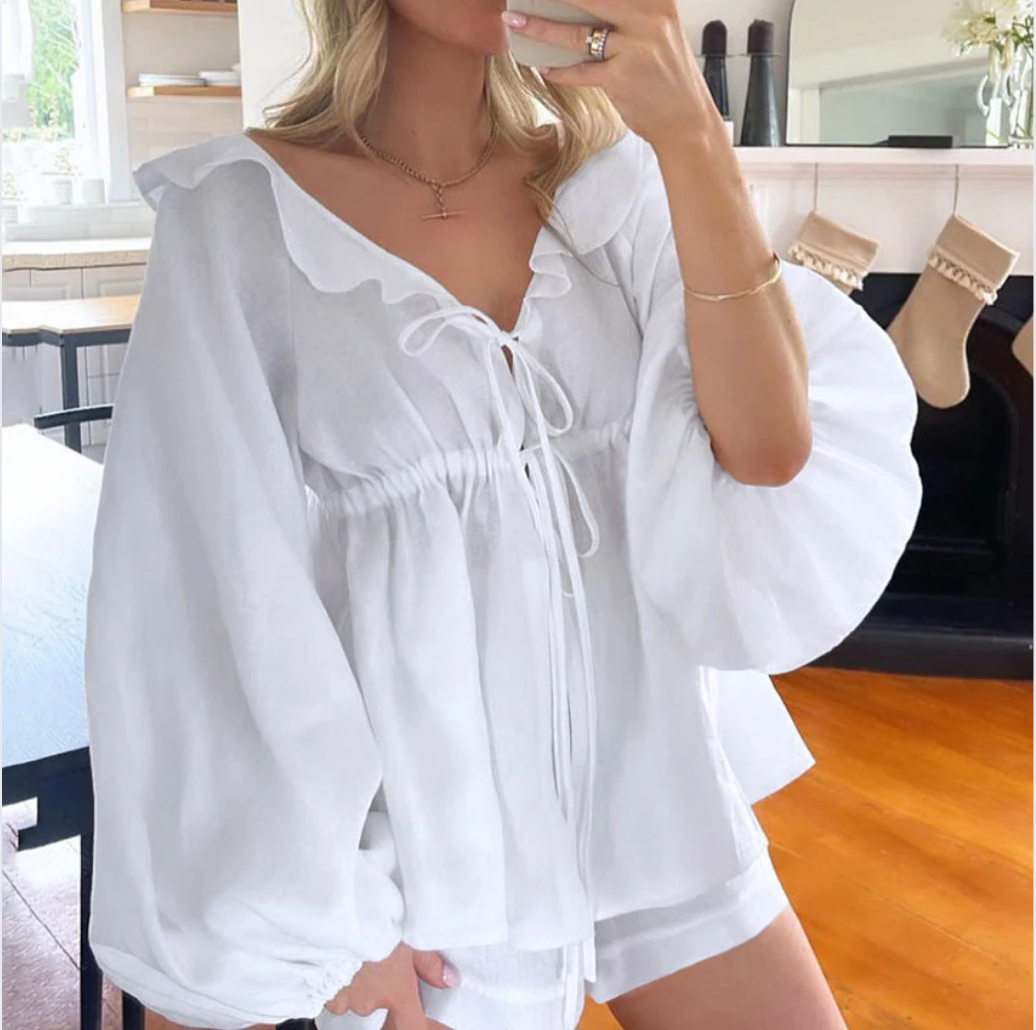 Bella Stride| ALEXANDRA™ - Ruffled Tie-Front Top & Shorts Set