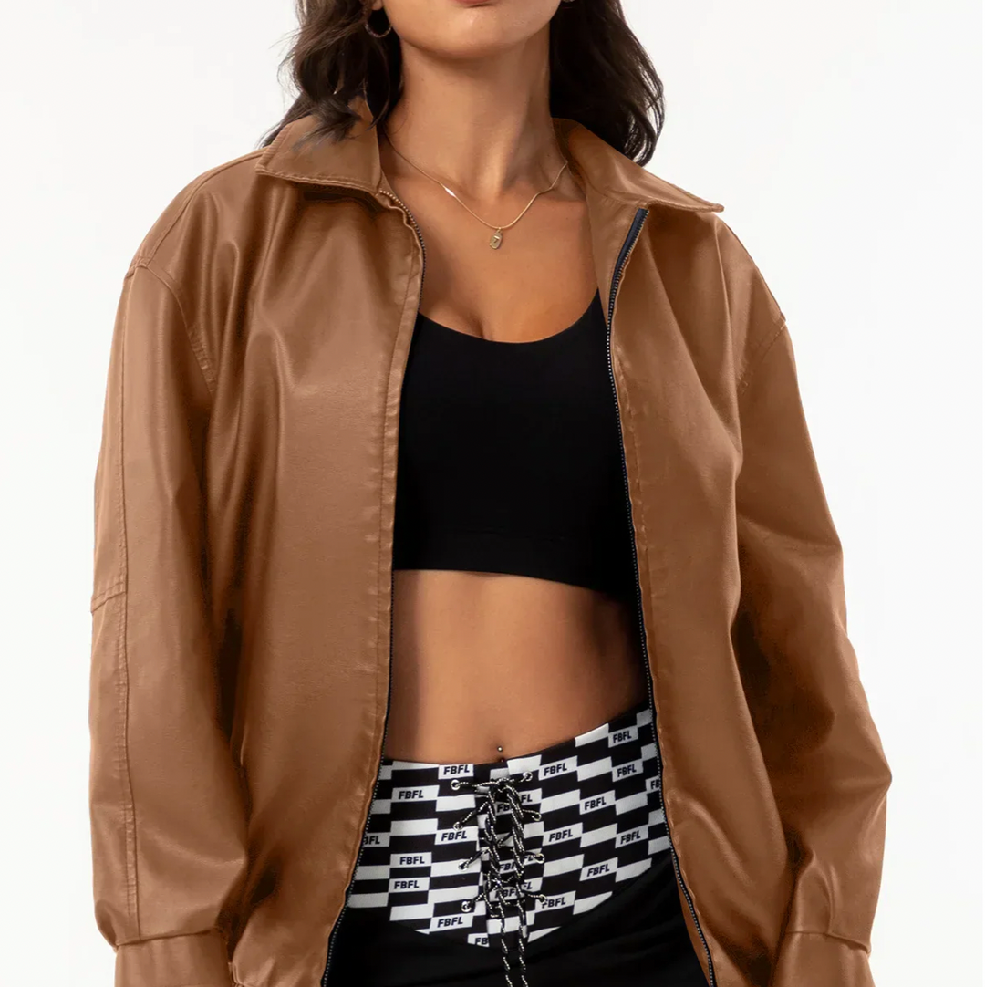 Bella Stride| Drop Shoulder Zip Up Cropped Leather Jacket