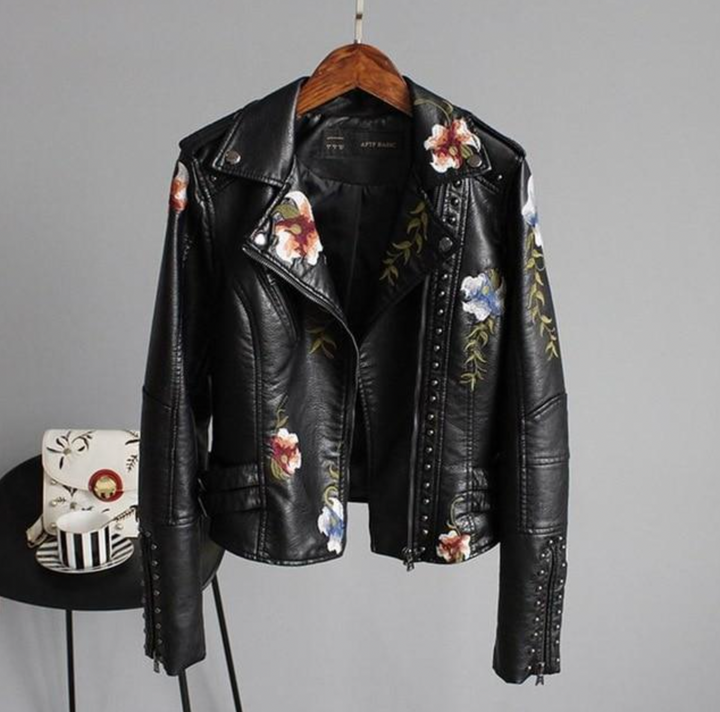 Bella Stride| Ella- Stylish Embroidered Leather Jacket