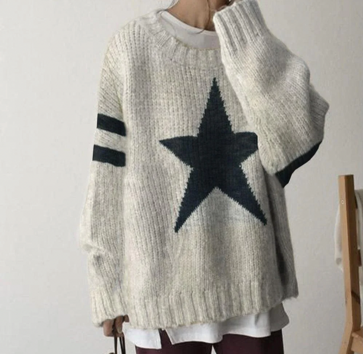 Star Round Neck Long Sleeve Sweater