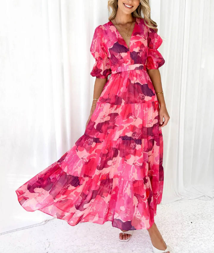 Bella Stride| Dress with puff sleeves and V-neck with floral print