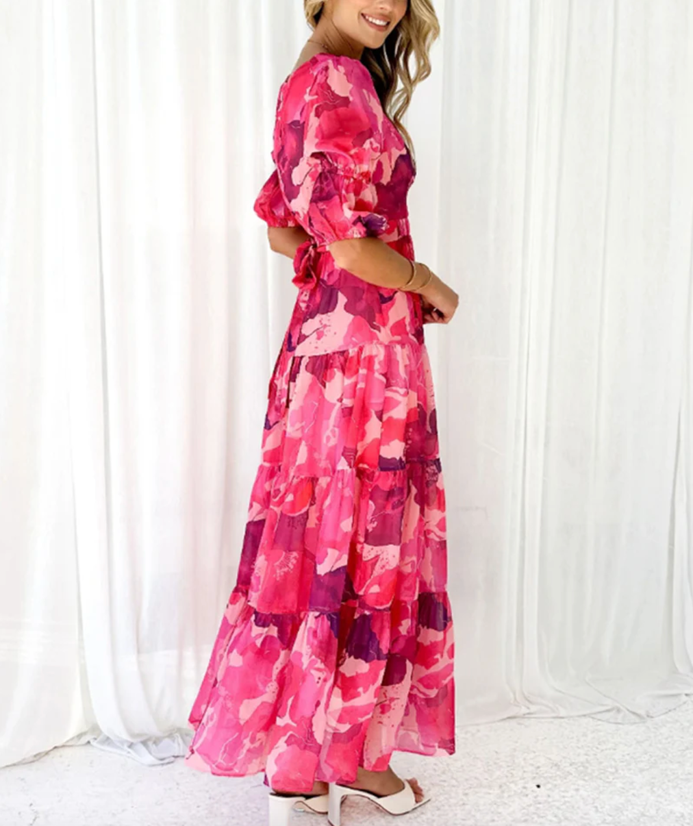 Bella Stride| Dress with puff sleeves and V-neck with floral print