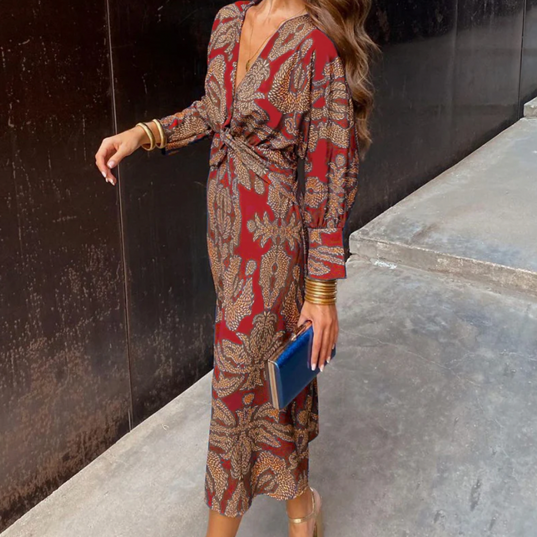 Bella Stride| Elegant dress with vintage print and V-neck and long sleeves