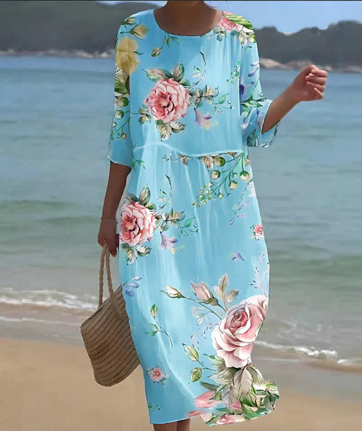 Bella Stride| Elegant dress with floral print and round neckline