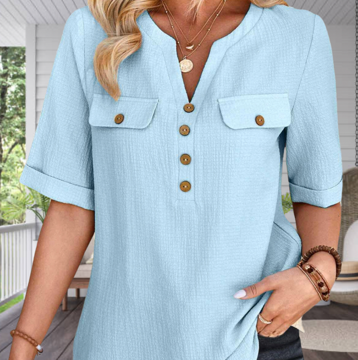 Bella Stride| Button High Neck Half Sleeve Blouse
