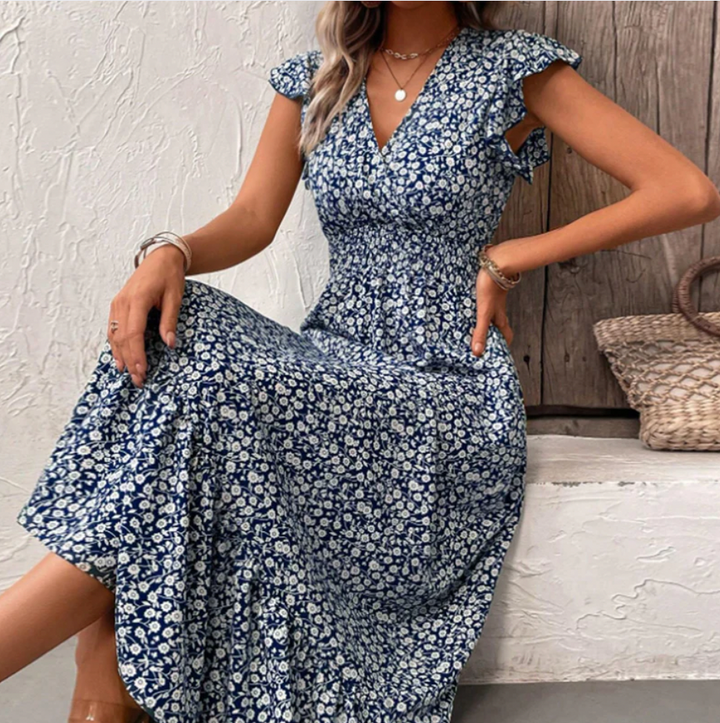 Bella Stride| floral print v-neck and ruffled waist dress