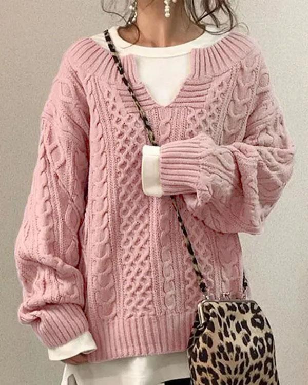 Tiny V-Neck Hand Twist Sweater