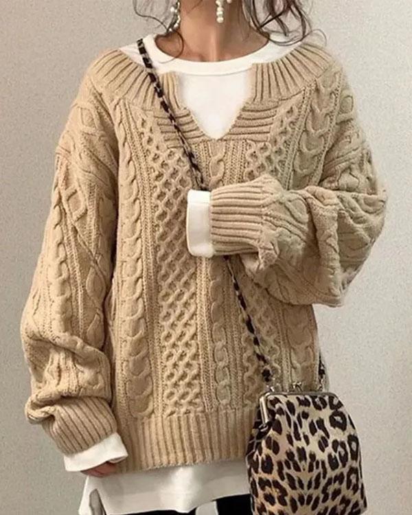 Tiny V-Neck Hand Twist Sweater